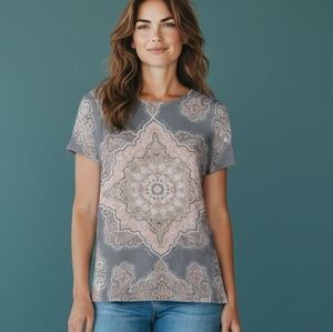 Gray and Pink Short Sleeve Boxy Blouse with Medallion Print